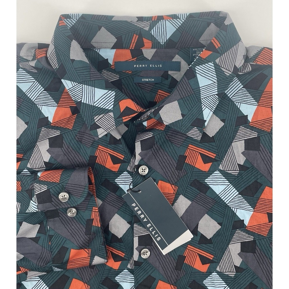 Perry Ellis Button Down 2XLT Teal Orange Geometric Abstract Stretch Shirt NWT